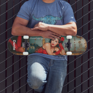Skateboard "Shred me gently" steampunk pinup girl painting