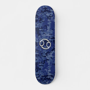 Skateboard Silver Cancer Zodiac Sign Navy Blue Digital Camo