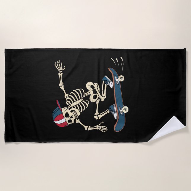 Skateboard Skeleton Halloween Skateboarding Skater Beach Towel (Front)