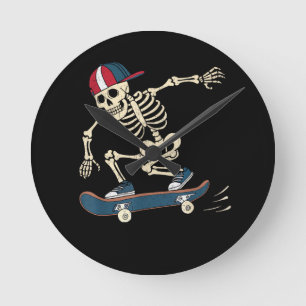 Skateboard Skeleton Halloween Skateboarding Skater Round Clock