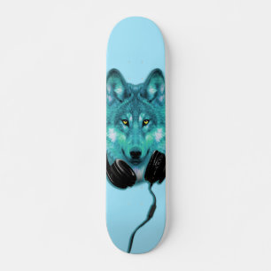 Skateboard Ski+Loup+Animal+Aquarelle+vert+bleu+mode