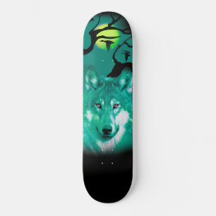 Skateboard Ski+Wolf+Aquarelle+vert+bleu+moderne