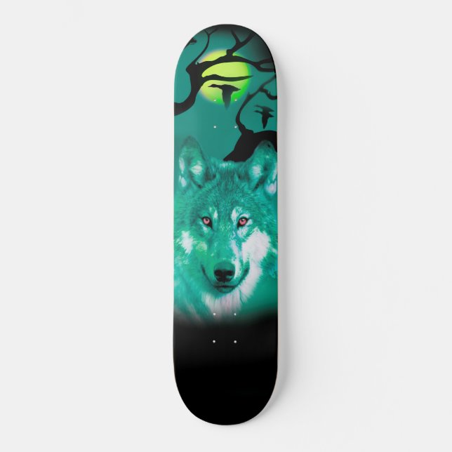 Skateboard Ski+Wolf+Aquarelle+vert+bleu+moderne (Recto)