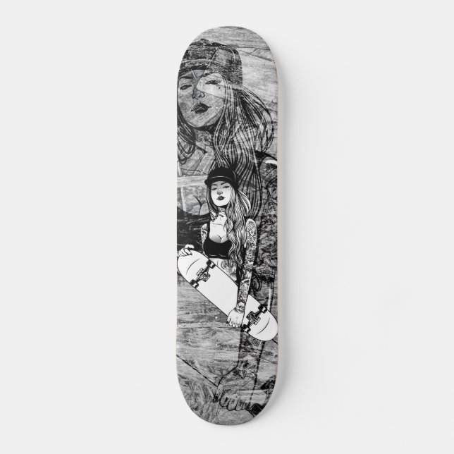 Skateboard Skis femme tatouée style urbain sur bois (Recto)