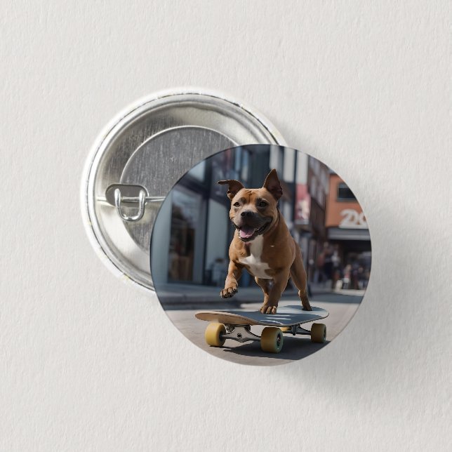 Skateboard Stunt: A Staffy on the Move 1 Inch Round Button (Front & Back)