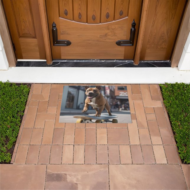 Skateboard Stunt: A Staffy on the Move Doormat (Outdoor)
