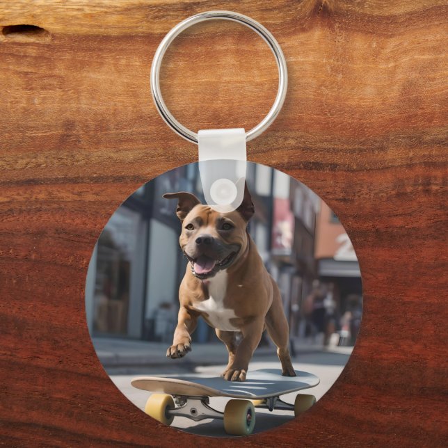 Skateboard Stunt: A Staffy on the Move Keychain (Back)