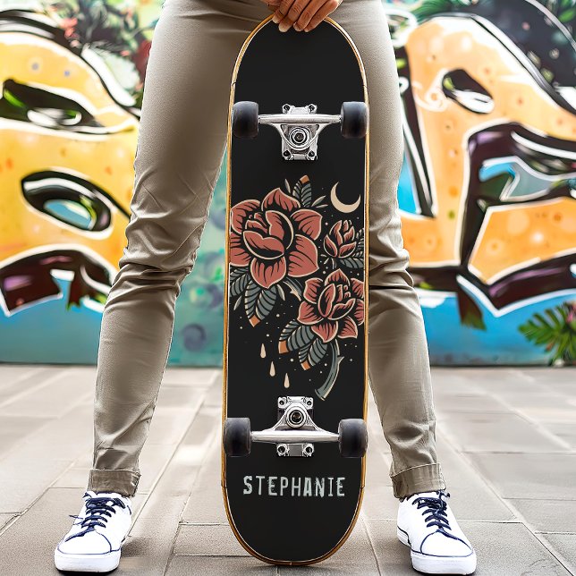 Skateboard Style de tatouage Rose céleste rétro Nom personnal (Créateur téléchargé)