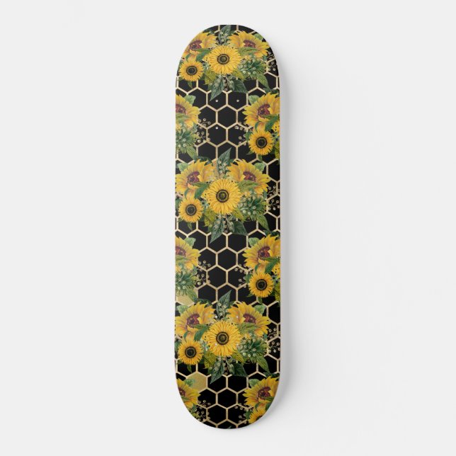 Skateboard Sunflower Honeypeb motif floral noir (Recto)