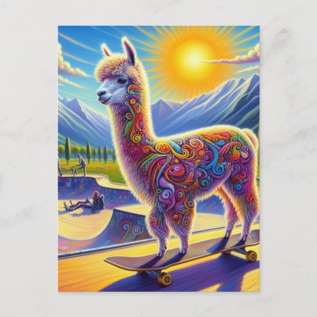 Skateboard Surreal Adorable Carte postale Alpaca (Devant)