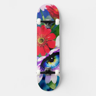 Skateboard Surreal Blue Eye Pink Flower & Red Zenias
