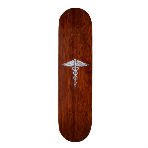 Skateboard Symbole Médicale Silver Caduceus Décor en acajou