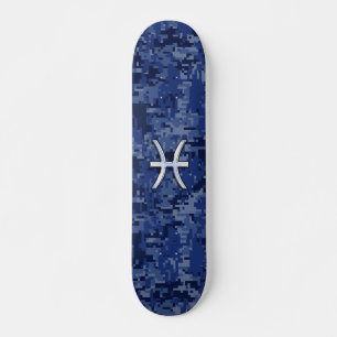 Skateboard Symbole Zodiaque Pisces sur Camo numérique bleu ma