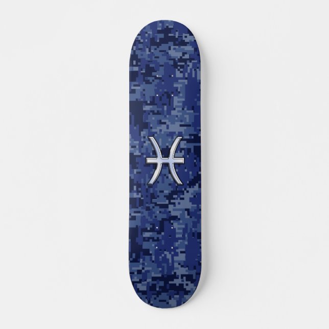 Skateboard Symbole Zodiaque Pisces sur Camo numérique bleu ma (Devant)