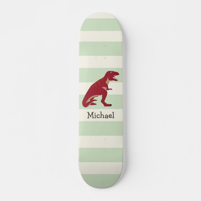 Skateboard T-Rex rouge sur Pastel Green Stripes (Devant)