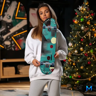 Skateboard Tableau géométrique minimaliste turquoise et rouge