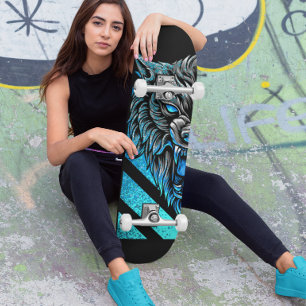 Skateboard tête de loup bleu