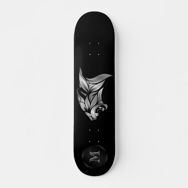 Skateboard Tête De Tigre Stylisée En Argent Sur Monogramme No (Devant)