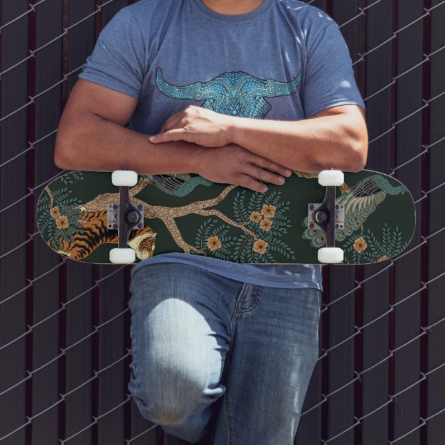 Skateboard Tigre vintage et paon (Extérieur 3)