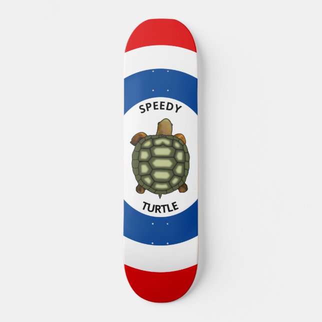 Skateboard Tortue rapide en bleu, rouge et blanc (Recto)