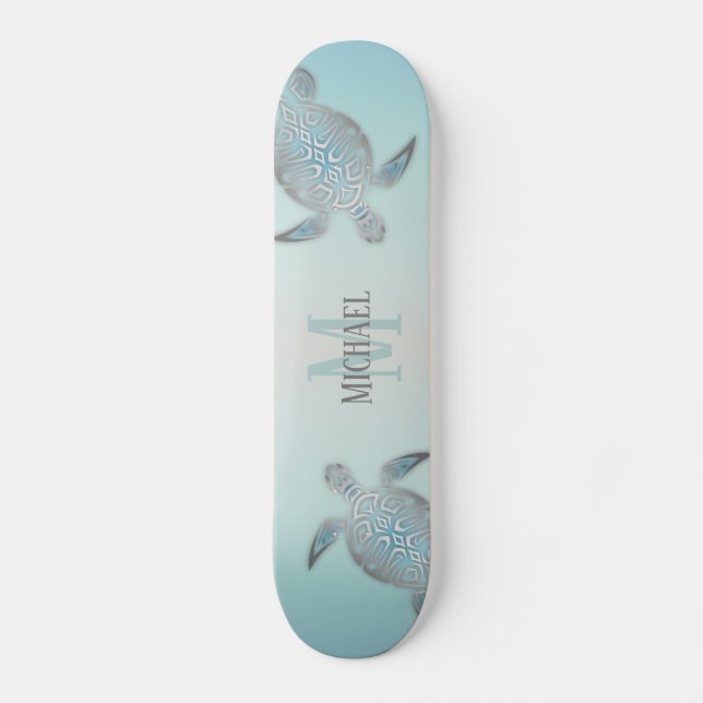 Skateboard Tortues Argent Plage Style Monogramme Votre nom (Recto)