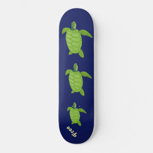 Skateboard Tortues de mer nageant et calligraphie sur fond bl