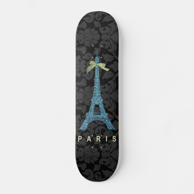 Skateboard Tour Eiffel bleue en faux parties scintillant (Recto)