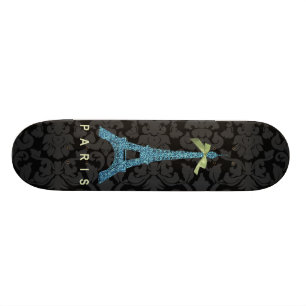 Skateboard Tour Eiffel bleue en faux parties scintillant