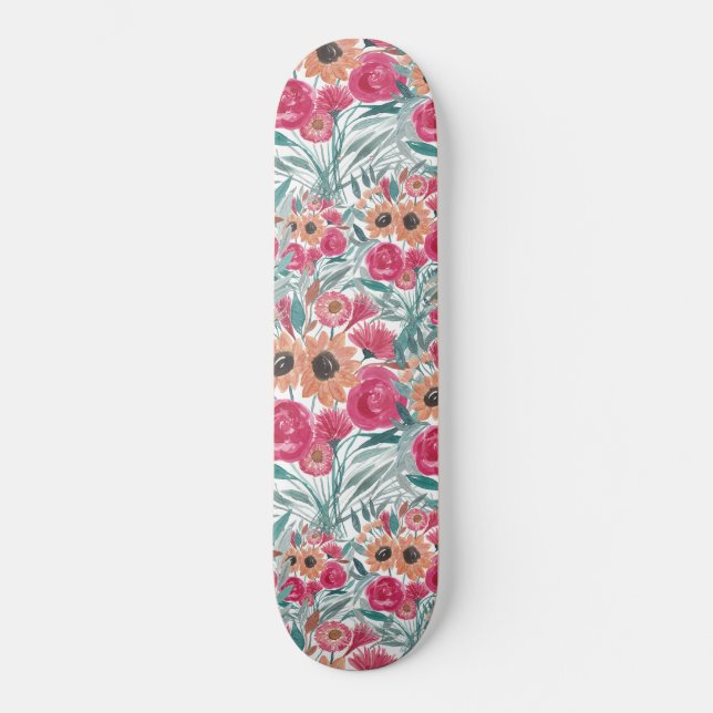 Skateboard Tournesol Fleur sauvage aquarelle motif floral (Recto)