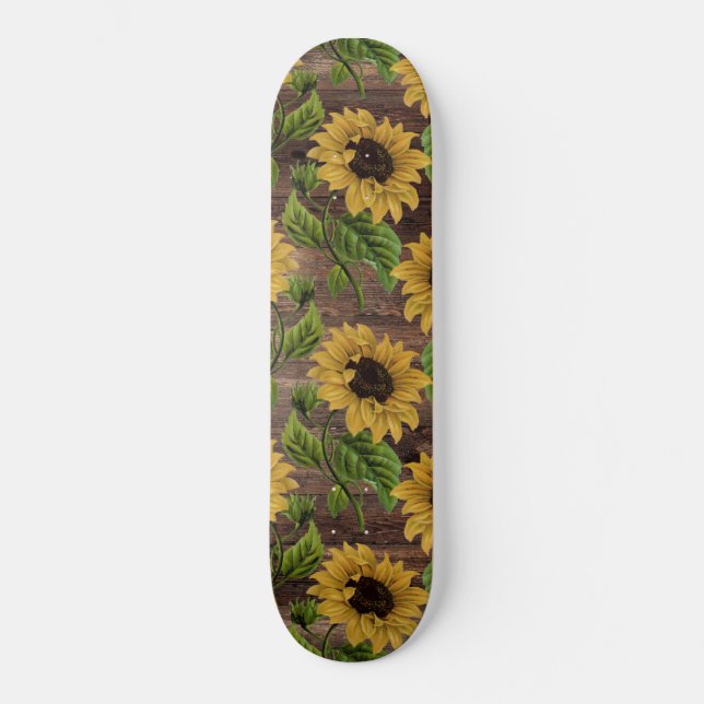 Skateboard Tournesol Jaune Style champêtre Bois Brown Rustiqu (Recto)