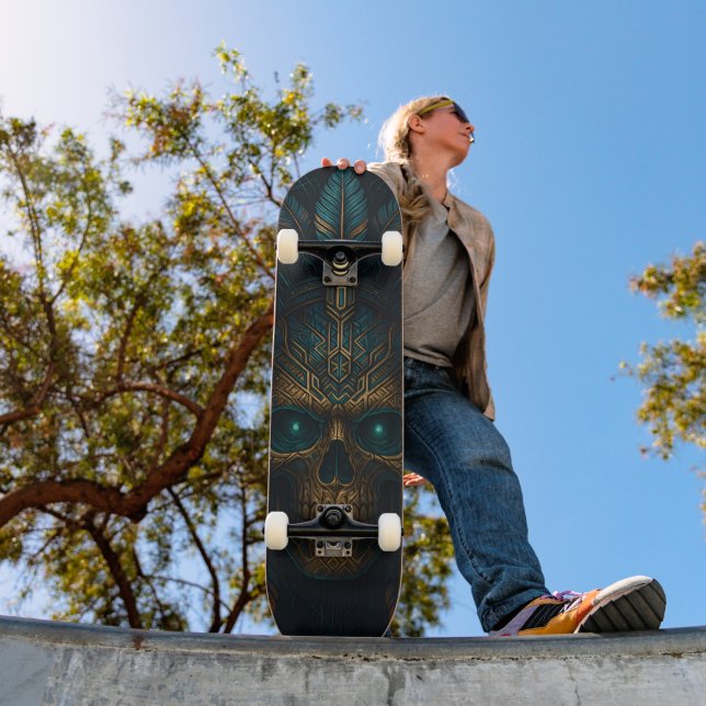 Skateboard Tribal futuriste du cyber-crâne aztèque (Extérieur 1)