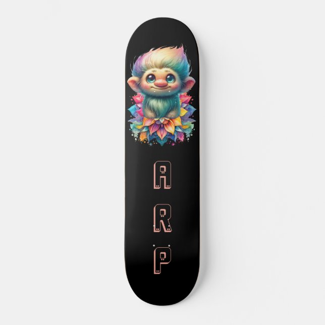 Skateboard *~* Troll AP89 Hippie Neon Noir Initiales Fleur (Recto)