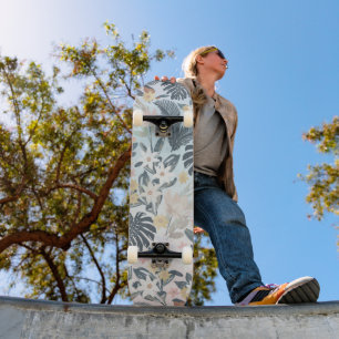 Skateboard Tropcal Grey Gold Foliage Floral Pattern