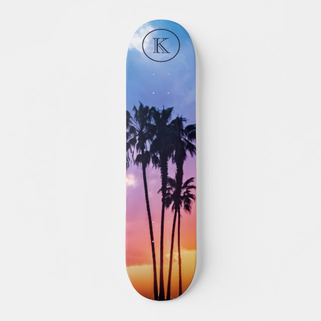 Skateboard Tropical Rainbow Color Palm Tree Sunset Monogram (Devant)