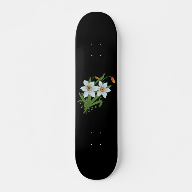 Skateboard Tulipes et jonquilles Fleurs Arrière - plan noir (Devant)