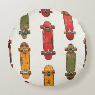 "Skateboard Under Deck" Vintage Pattern Round Pillow