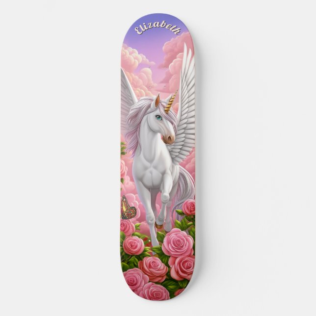 Skateboard Unicorn in Pink Sky with Roses Fantasy Art (Recto)