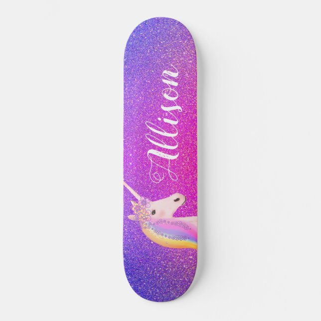 Skateboard Unicorn rose violet Parties scintillant étincelles (Recto)