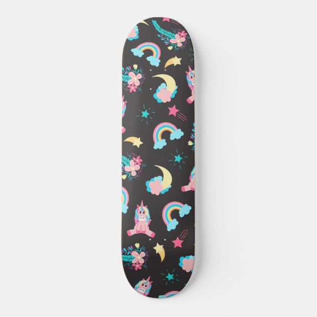 Skateboard Unicorne noire rose Cute étoile florale arc-en-cie (Recto)