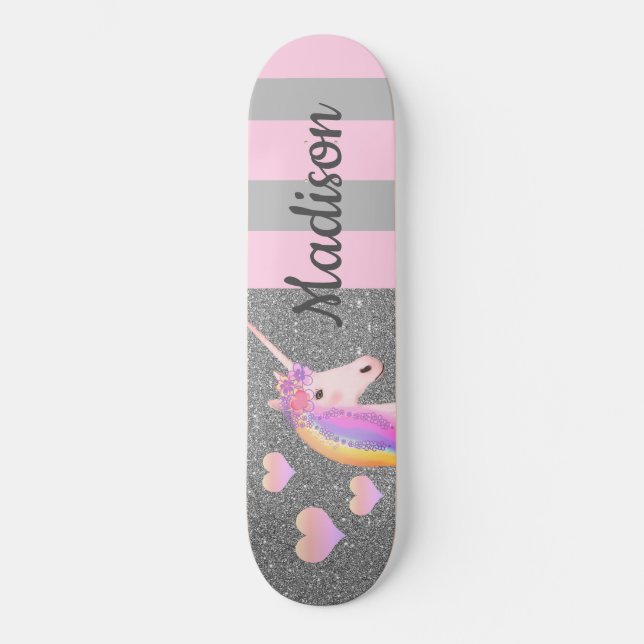Skateboard Unicorne rose Filles de Parties scintillant en arg (Recto)