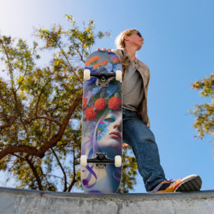 Skateboard Visage de femme avec des fleurs dans les cheveux