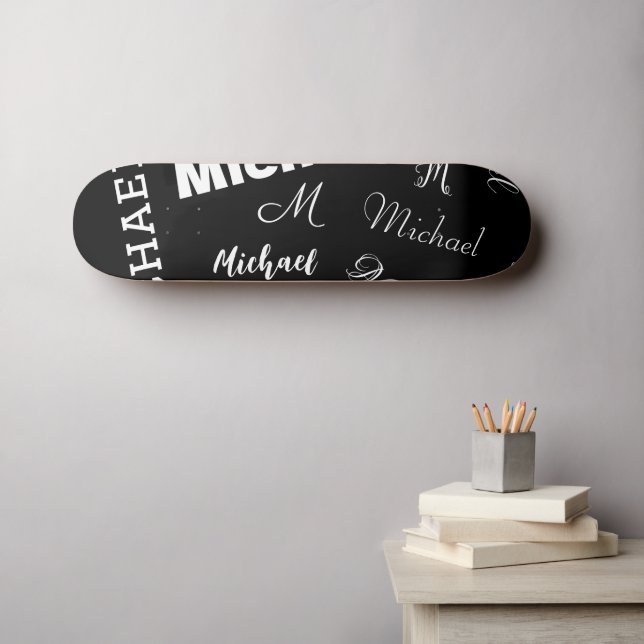 Skateboard Votre nom et monogramme motif personnalisé noir (Art mural (Horz))