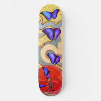 SKATEBOARD WITH BUTTERFLIES AND POPPY KANJI LOVE
