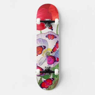 SKATEBOARD WITH POPPIES AND BUTTERFLIES