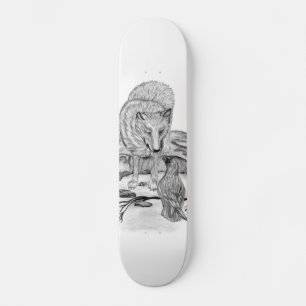 Skateboard Wolf and Raven black and white design