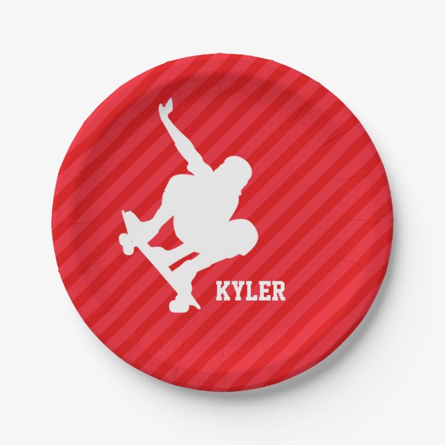 Skateboarder; Scarlet Red Stripes Paper Plate (Front)