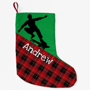 Skateboarder Silhouette Green w/Red Flannel Small Christmas Stocking