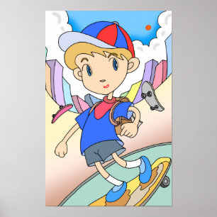 Skateboarder speeds through the city streets. poster