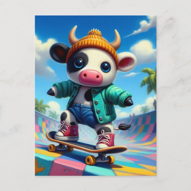 Skateboarding Adorable Cow Postcard (Front)