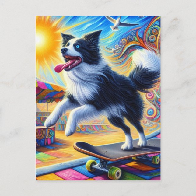 Skateboarding Adorable Surreal Border Collie Postcard (Front)